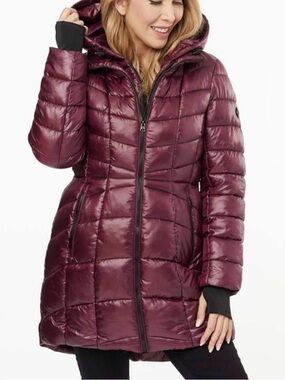 Jessica Simpson Quilted Hooded Puffer Coat - Cranberry